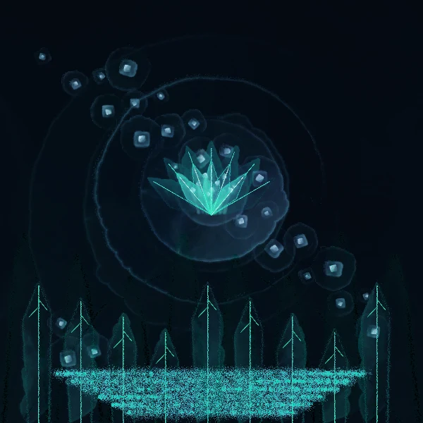 A luminous turquoise garden against a dark sky