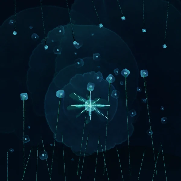 A luminous turquoise garden with fine stems and floating lights