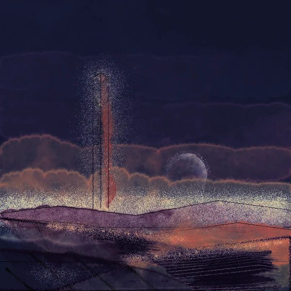 A glowing monolith rising from a layered desert landscape