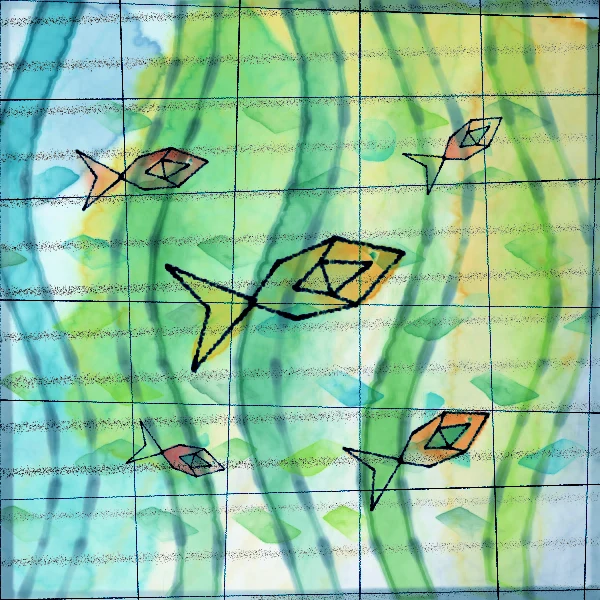 An ocean of translucent geometric shapes in blue and green