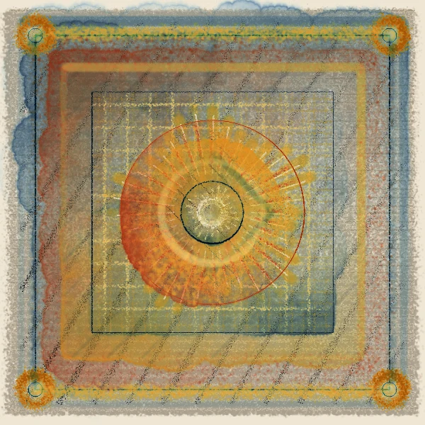 A golden sun within a woven geometric frame