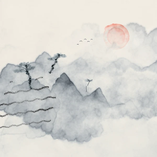 Ink mountains dissolving into mist beneath a pale red sun
