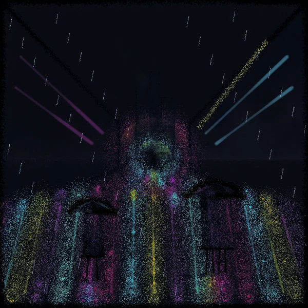 Colored rain reflected along a dark city street