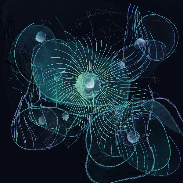 Fine blue curves spiraling around a luminous center