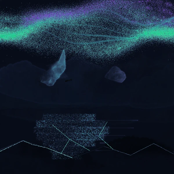 Turquoise and violet aurora over a dark mountain ridge