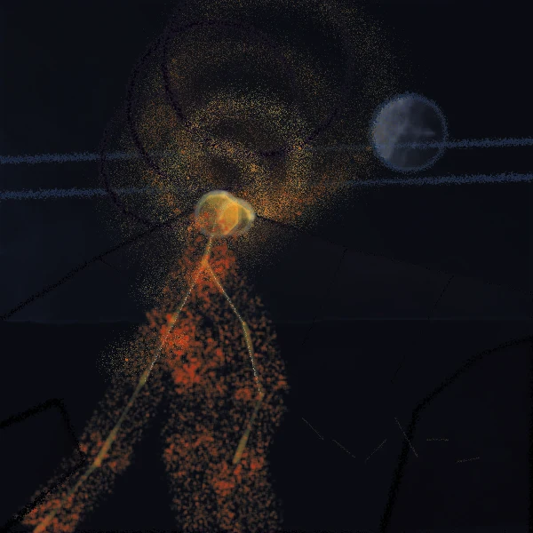 A glowing volcano beneath a dark night sky