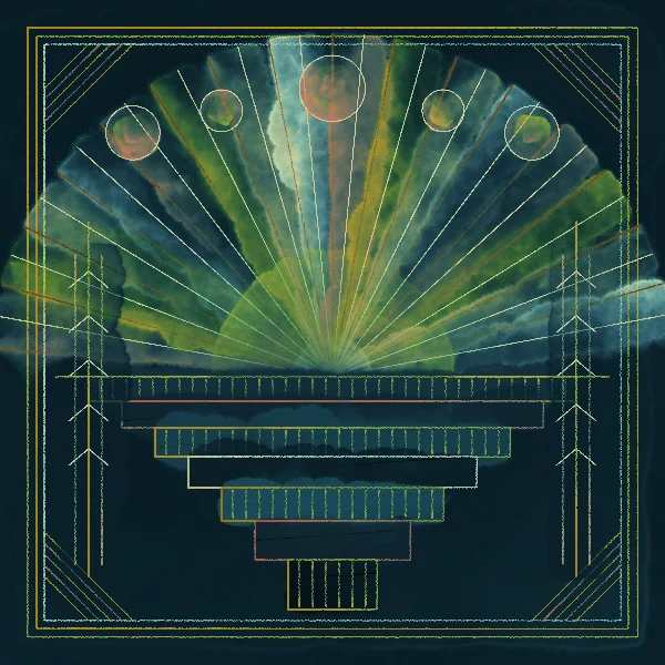 An Art Deco sunrise in gold and deep green