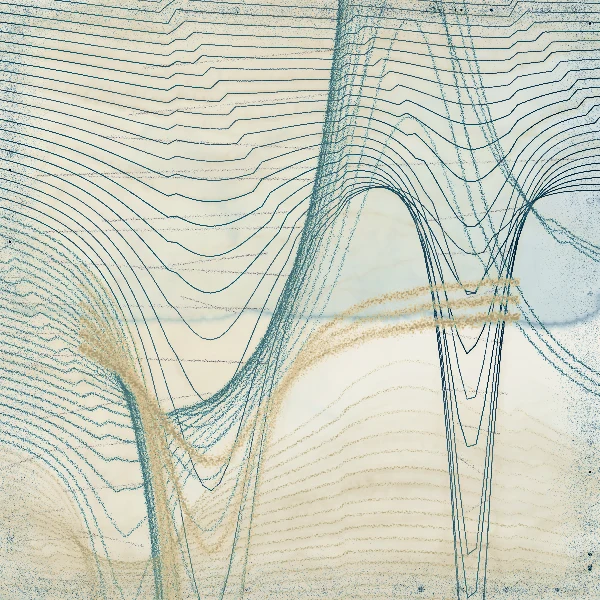 Flowing blue contour lines on an ivory ground