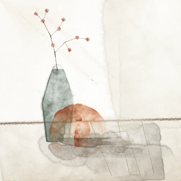 A delicate branch in a ceramic vase with translucent washes