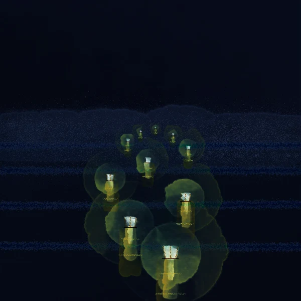 Floating lanterns reflected in a dark river