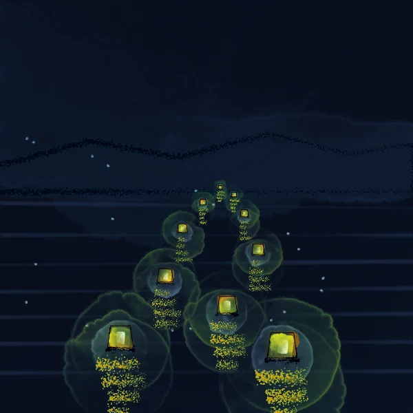 A second composition of lanterns drifting along a night river