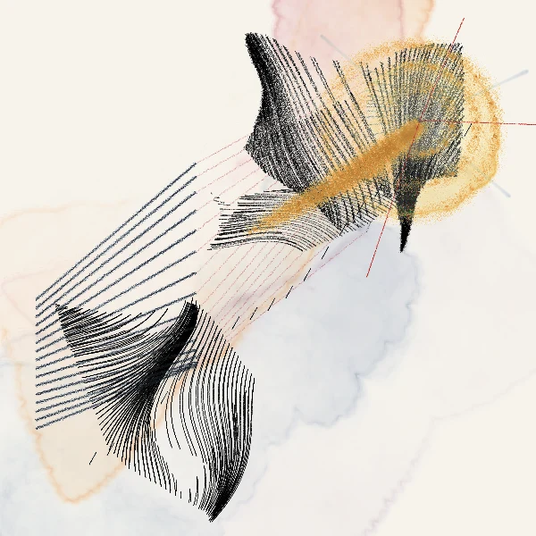 An abstract composition of sweeping lines and watercolor shapes