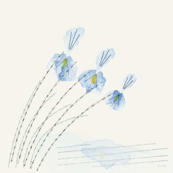 Blue irises leaning over a shallow stream